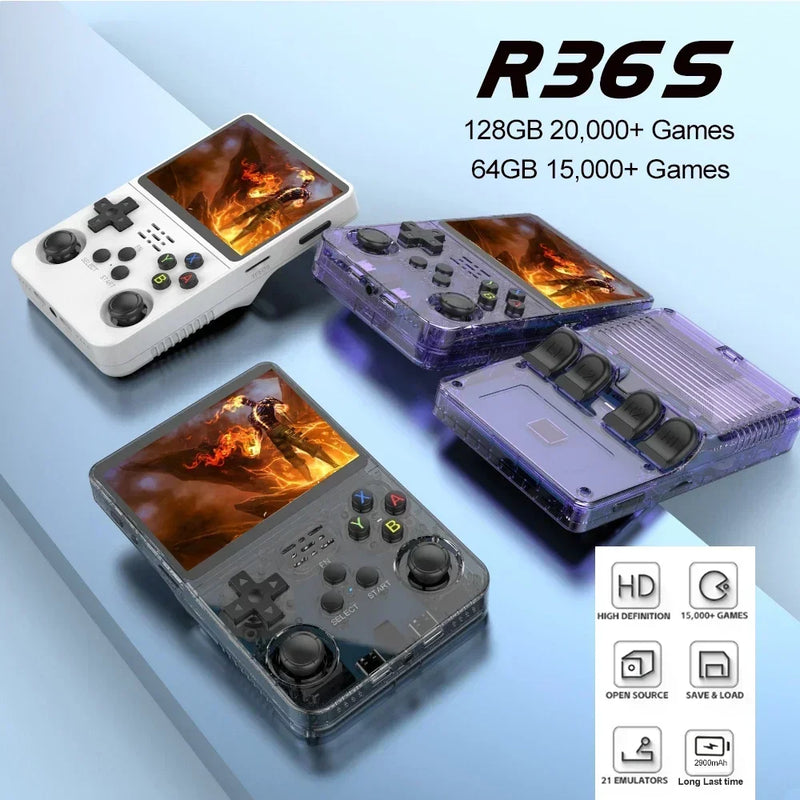 Open Source R36S Retro Handheld Video Game Console, Sistema Linux, 3.5 Polegada Tela IPS, Leitor de Bolso Portátil, 64GB, Jogos 128 GB